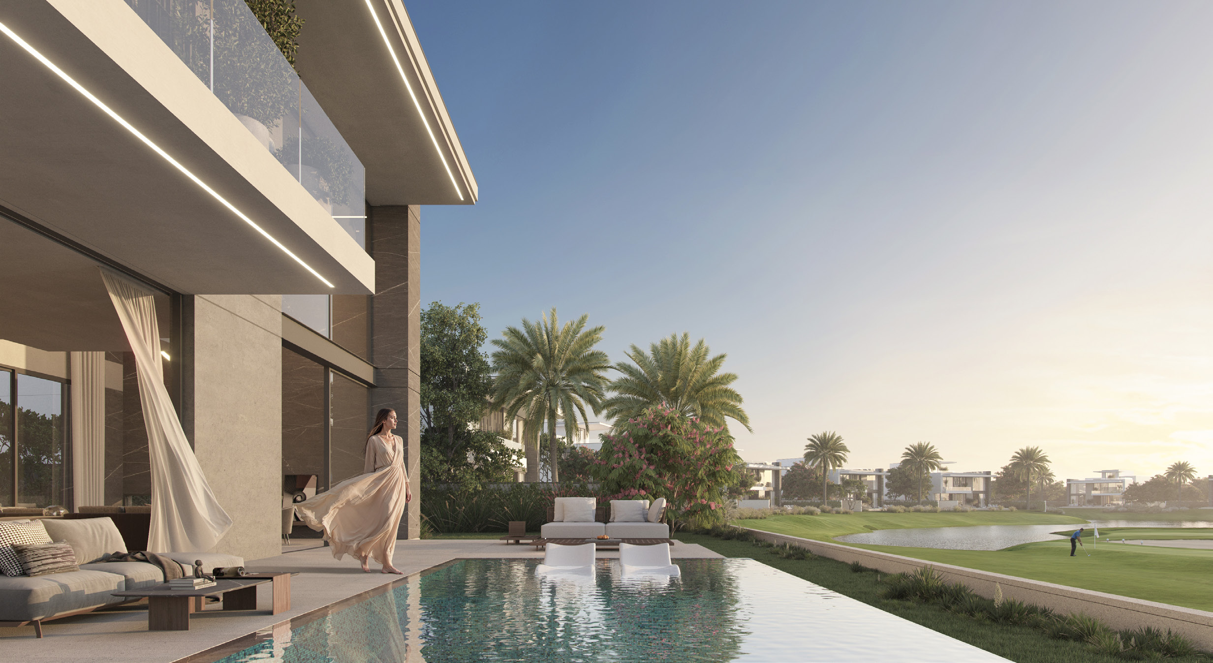 Cedarwood Estates South — pool terrace with golf course views